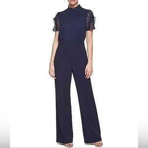 Vince Camuto Short Sleeve Mock Neck Chiffon Bodice Jumpsuit |Navy| Size 14